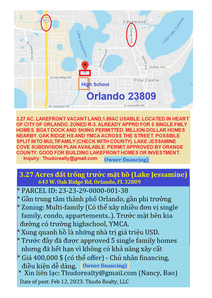 Đất bán: Trước mặt hồ, gần downtown Orlando, Florida, chủ nhân financing.