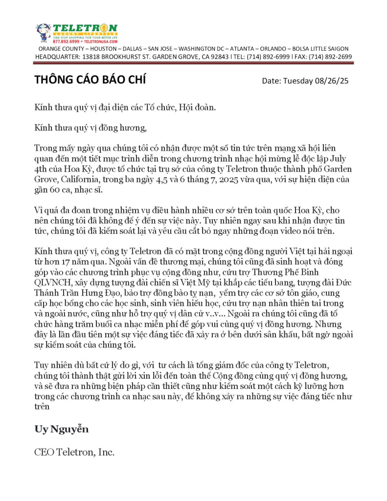 Thông cáo của công ty Teletron về vụ Cờ Vàng bị xúc phạm