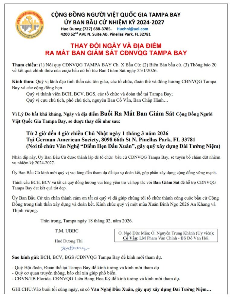Ra mắt Ban Giám Sát Cộng Đồng NVQG Tampa Bay – Văn nghệ gây quỹ xây dựng tượng đài