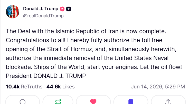 Tin đặc Biệt từ TT Trump: Thỏa thuận với Iran đã hoàn tất, tôi chính thức cho phép mở cửa eo biển Hormuz
